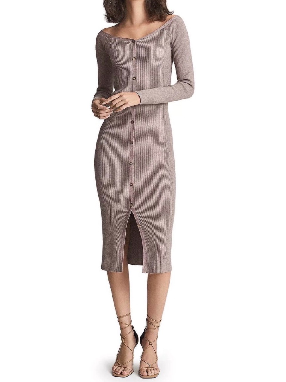 Reiss Ribbed Button-Front Midi Dress in Taupe
